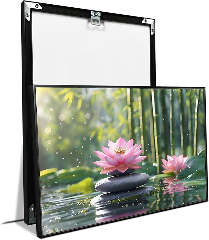 Ethereal pink lotus on obsidian Sunlit bamboo forest with sparkling water drops Poetic nature inspired wall art for tranquil homes and mindful spaces 16x24in Metal blackFramed