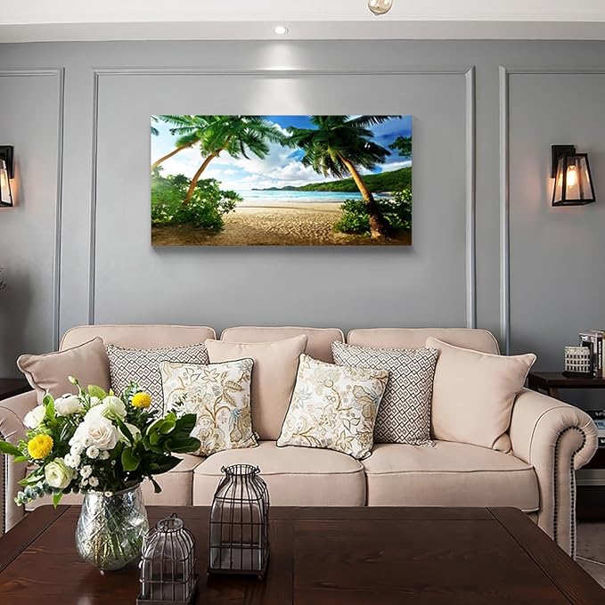 Wall Art Sea Beach Coconut Tree Landscape Picture Print Canvas Wall Art Modern Giclee Artwork Home Decor Stretched and Framed Ready to Hang,2cm Thick Frame, Waterproof Artwork.