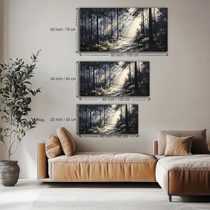 LAVIKARS Rustic Sunlight Forest Wall Art for Living Room Office Black and White Modern Landscape Canvas Painting Prints Large Nature Artwork Home Kitchen Bedroom Decor (28x58 Inches)