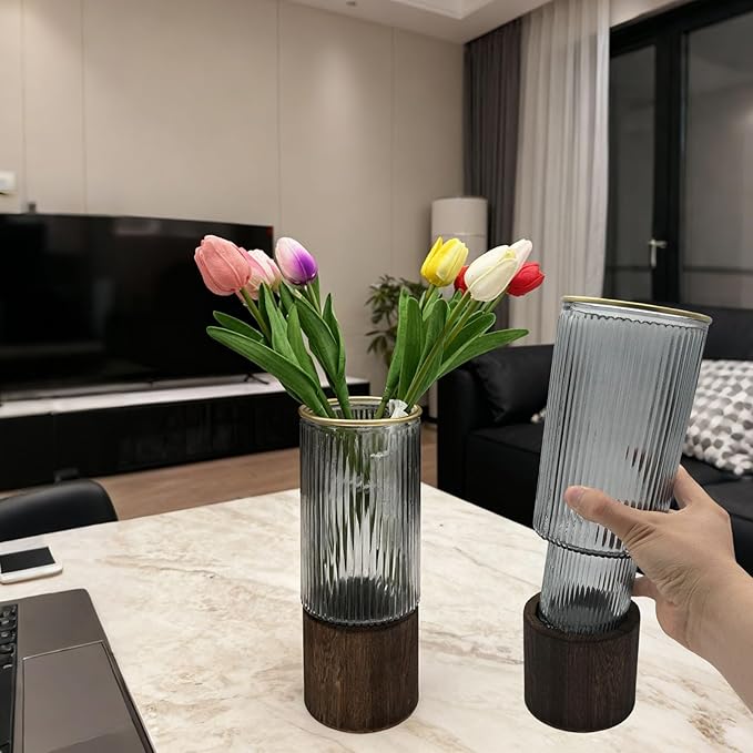 10 Inch Large Artistic Wood Base Glass Cylinder Flower Vase, Ins Modern Boho Water Stripe Style for Home Kitchen Fireplace Office Desks, Houses, Garden Decorations