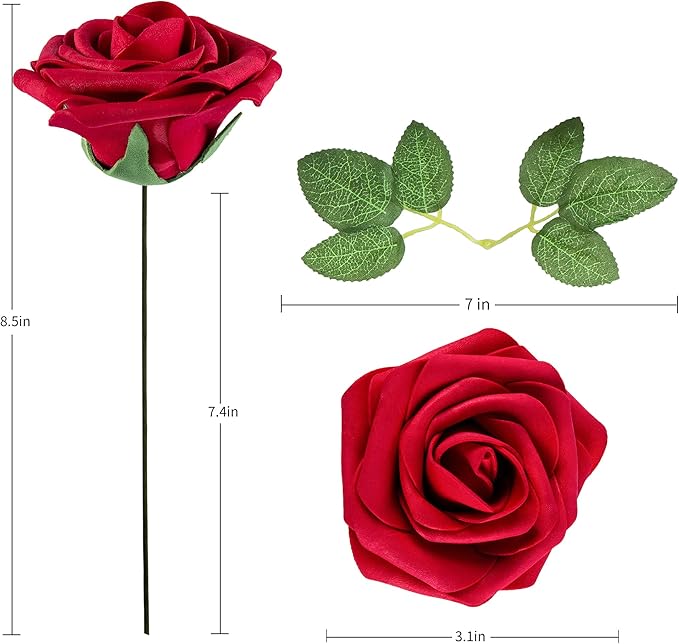 Artificial Flower Foam Rose 25pcs Real Looking Fake Rose with Stems Leaves for Home Decoration Party Garden Centerpieces DIY Wedding Bouquets（Dark Red）