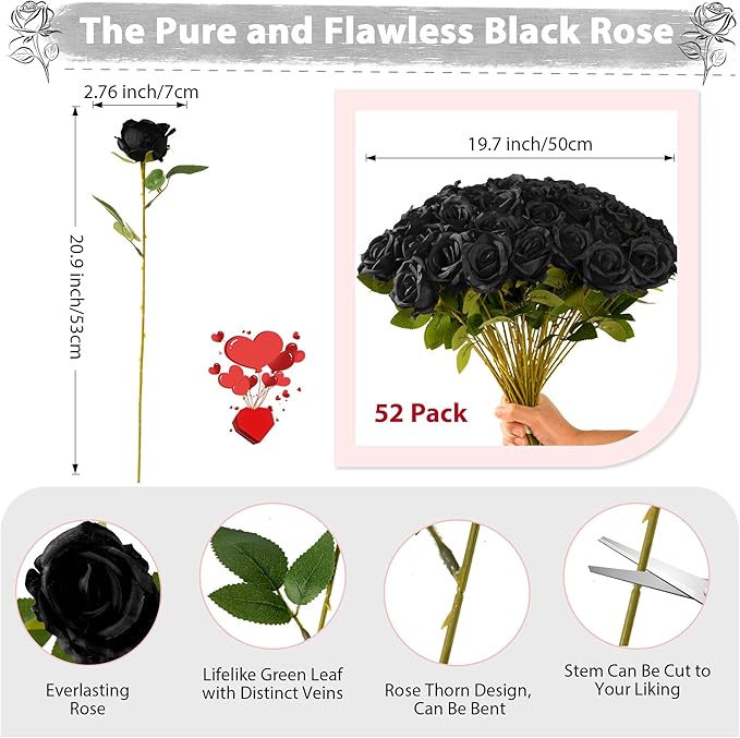 Black Roses Artificial Flowers Bulk, 52Pcs Fake Roses Flower Arrangement, DIY Silk Flowers Roses Bouquet, Realistic Faux Artificial Roses for Mother's Day Home Table Decor