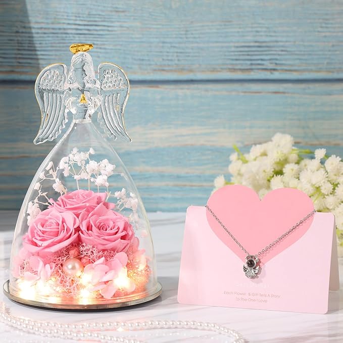 ANWEAO Mothers Day Birthday Gifts for Her Preserved Real Rose in Angel Glass Crystal Angel Figurines,The Best Mothers Day Christmas Anniversary Birthday Gift for Mum Wife (Pink)