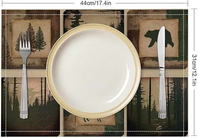 Rustic Lodge Bear Deer Placemats Set of 6, Vintage Cabin Pine Cone Plaid Place Mats, Heat Resistant Non Slip Cotton Linen Dining Table Mats for Home Kitchen Decor 18x12 Inch
