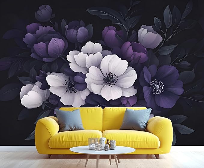 Dark Peony Floral Wall Mural, Purple and Black Flower 3D Wall Murals, Luxury Botanical Wallpaper Mural, for Living Room Bedroom Large Wallpaper Indoor Decor 137.8" W x100 H