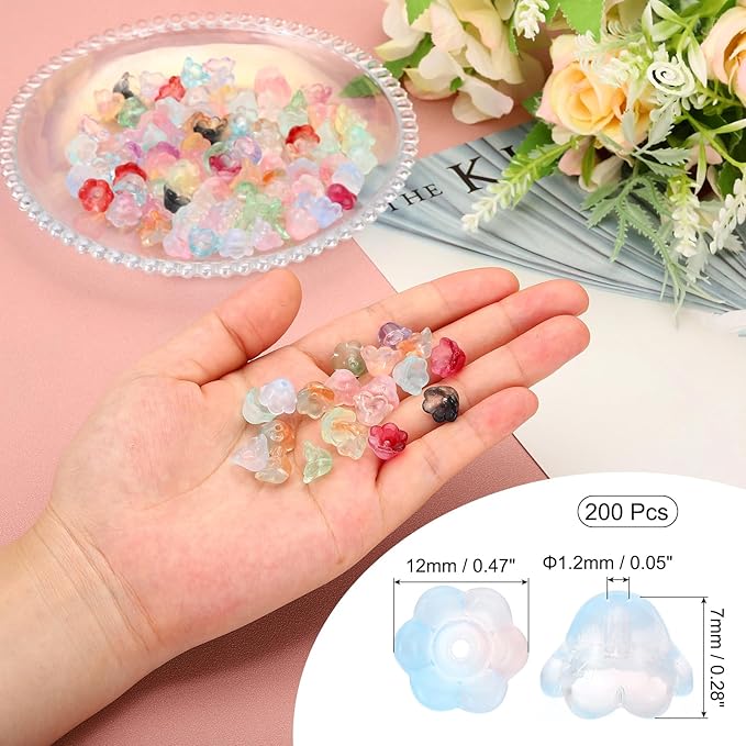 PATIKIL Glass Trumpet Flower Beads, 200 Pcs Gradient Flower Bead Charm for Jewelry Making DIY Craft, Bracelets, Earrings, Necklaces Decorations, Light Pink, Blue