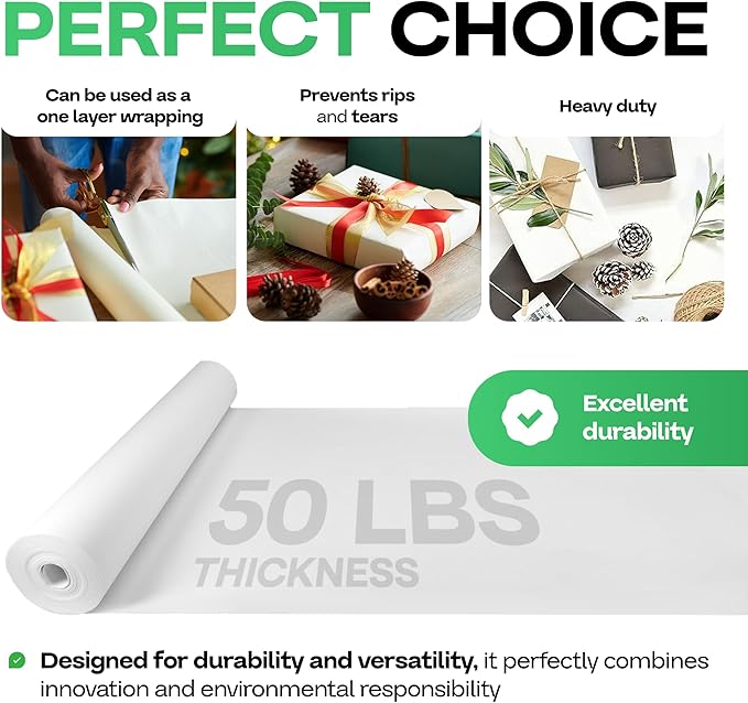 White Paper Roll 24" x 1200" (100 feet) - USA-Made Quality White Kraft Paper 50lb Thickness for Packing, Moving, Shipping & Crafts/Arts - 100% Recyclable Natural Wrap Material by IDL Packaging