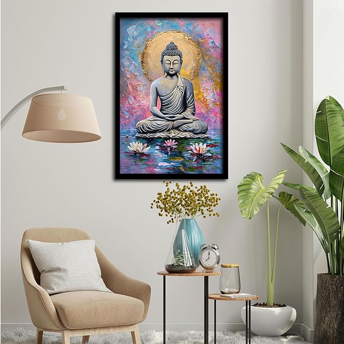 Lotus and golden Buddha meditation tranquil zen wall art mindfulness wall art for spiritual harmony and tranquility decor 20x30in Metal blackFramed