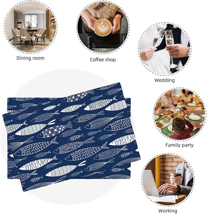 Japanese Fish Placemats Set of 6, Blue Fishing Country Double-Sided Table Mats for Kitchen Dining Room Home Party Indoor Decor 6 PCS 12x18 Inch