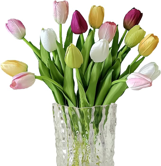 12pcs Tulips Artificial Flowers Real Touch Silk Faux Flowers Tulip Stems for Wedding Spring Bouquet Floral Arrangement Home Party Office Decorations (White Pink Yellow Green)