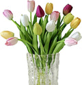 12pcs Tulips Artificial Flowers Real Touch Silk Faux Flowers Tulip Stems for Wedding Spring Bouquet Floral Arrangement Home Party Office Decorations (White Pink Yellow Green)