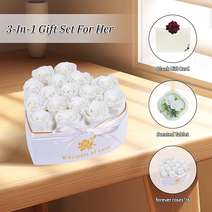 Luxury Preserved Roses – Forever Real Roses Flowers for Delivery in a White Box, Preserved Flowers Birthday Gifts for Women Mom Wife, Ideal for Anniversary (White 16 Roses, 16 Roses)