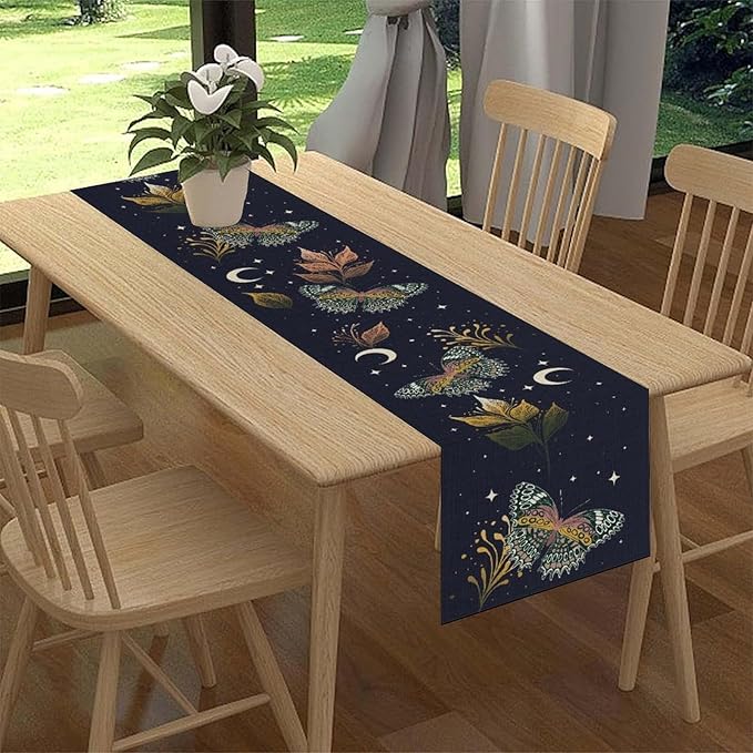 Gothic Moth Table Runner, Boho Gothic Floral Butterfly Sun Moon Mystical Witchy Starlight Coffee Table Center Decor for Home Kitchen Dining Patio Holiday Party Table Decorations 13x108 inches