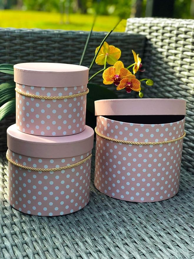 UNIKPACKAGING Premium Quality Round Flower Box, Gift Boxes for Luxury Flower and Gift Arrangements, Set of 3 pcs with Lids Size (S/M/L), Pink White Dots