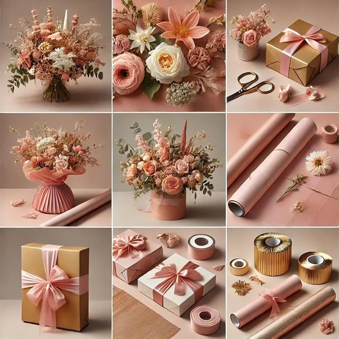 LeZakaa 20 Sheets Flower Wrapping Paper - Waterproof Reversible Floral Bouquet Paper - Pink Design for Valentine's Day, Mother's Day, Parties, Birthdays, Weddings, Baby Shower