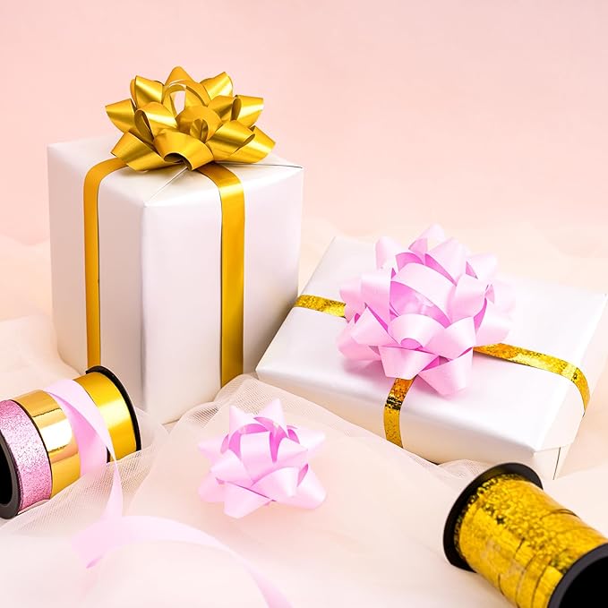 WRAPAHOLIC 16 Pcs Gift Bows Assortment - 14 Multi Colored Assorted Size Gift Bows(Pink, Gold), 2 Crimped Curling Ribbons, Perfect for Holiday, Party