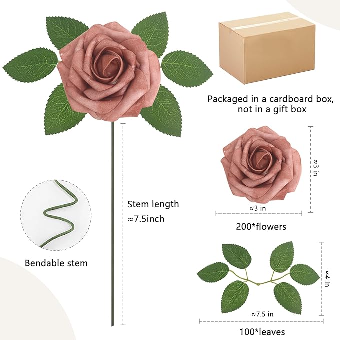 200PCS Warm Taupe Artificial Flowers Roses Real Looking Foam Fake Roses with Leaves for DIY Wedding Bouquets Bridal Shower Arty Decorations (Warm Taupe, 200)