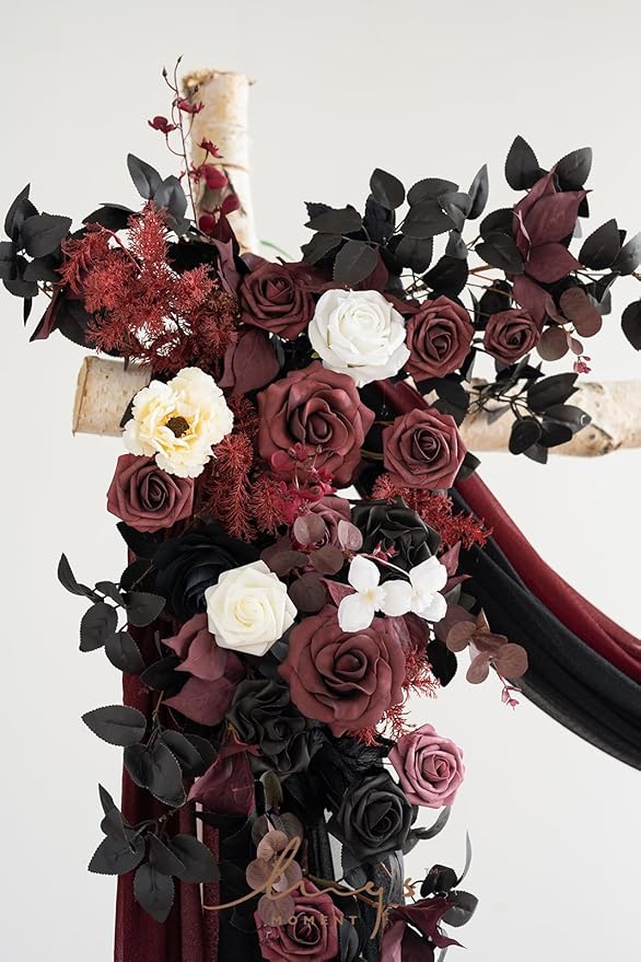Ling's moment Black Red Artificial Wedding Arch Flowers Kit Pack of 4, 2pcs Hanging Flower Arrangement 2pcs Chiffon Drapes Ceremony Reception Fake Rose Arbor Backdrop Floral Party Outdoor Decorations
