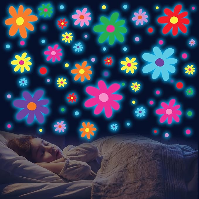 Glow in The Dark Big Daisy Wall Decals，Glowing Luminous Daisy Wall Stickers Colorful Removable self-Adhesive Boho Flower Decals for Girls Bedroom Kids Baby Nursery Living Room Decor