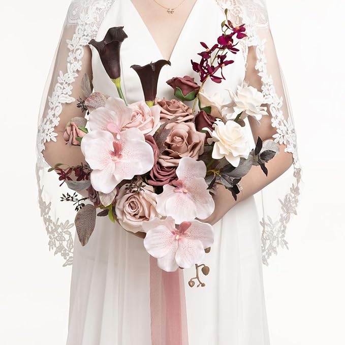 Ling's moment Dusty Rose Wedding Bouquets for Bride, Pink Bridal Bouquets for Bride, 13 Inch Free Form Artificial Wedding Flower Bouquet