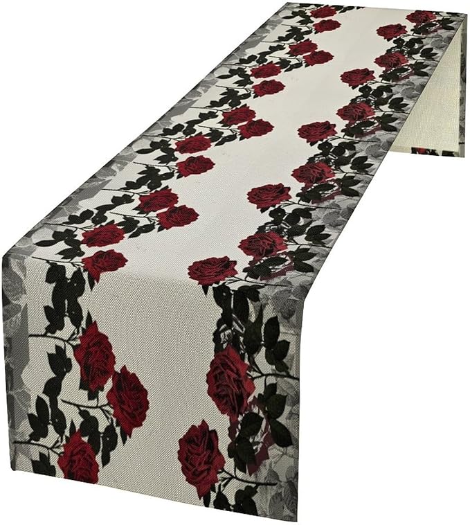 Red Rose Print Table Runner, Romantic Vintage Rose Summer Dark Flower Dinner Runner Table Decoration for Home Kitchen Dining Holiday Wedding Party 13x108in