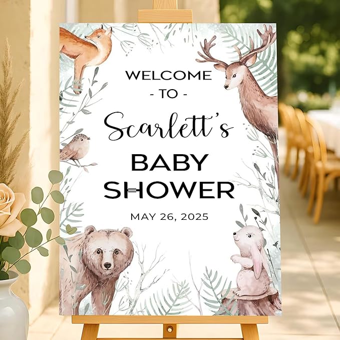 Personalized Baby Shower Welcome Sign For Boy Girl, Custom Forest Animal Yard Sign Decorations, Greenery Baby Shower Yard Signs, Cute Forest Animal Decorations Theme, Gender Reveal Sign