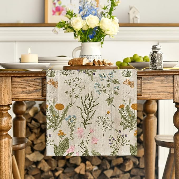 Artoid Mode Wood Wild Flowers Floral Spring Table Runner, Seasonal Summer Kitchen Dining Table Decoration for Home Party Decor 13x90 Inch