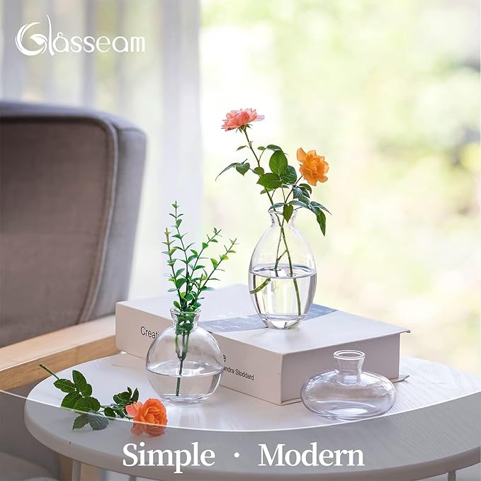 Glass Bud Vase for Centerpieces: 12Pcs Glasseam Clear Mini Small Vases for Flowers Bulk Flower Vase Set Aesthetic Cute Handmade Tiny Short Wedding Table Centerpiece Decor