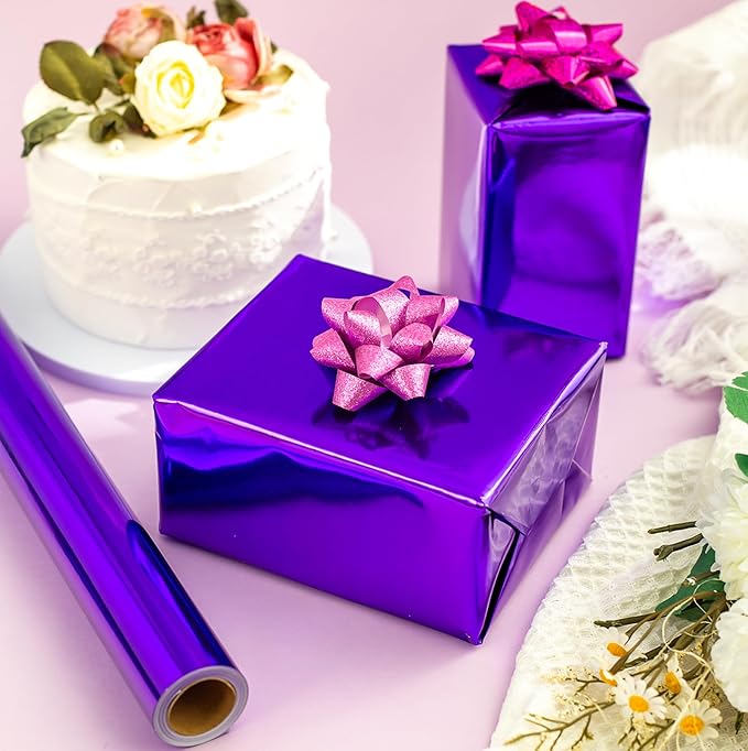 Merture Purple Wrapping Paper Roll - 17 In X 32.8 Ft(46.5 sq.ft.) Metallic Solid Color Purple Gift Wrap with Cutting Lines for Birthday, Valentines Day, Halloween, Mothers Day, Baby Shower, Graduation
