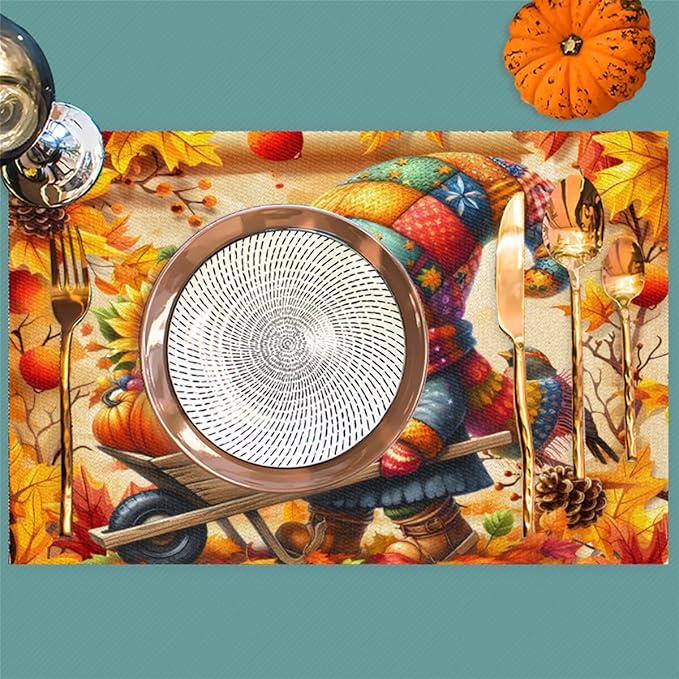 Autumn Gnome Pumpkin Flower Placemats Set of 6 PVC Vinyl Non Slip Table Mats Heat Resistant Place Mats Washable Wipeable Dining Table Mat for Kitchen Decor Party Indoor Outdoor Decorative Gift