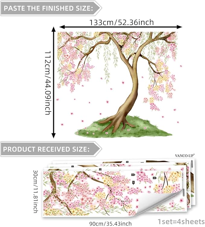 Large Pink and Yellow Cherry Blossom Tree Wall Decals Green Leaves Wall Stickers, Large Floral Wall Stickers for Living Room Tv Background Bedroom Wall Decor, 52.36 x 41.99 inches