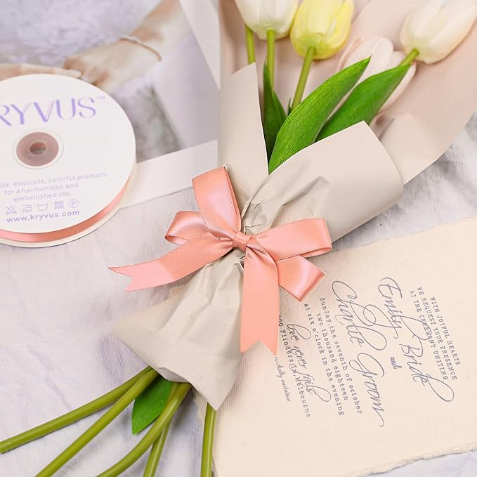 Premium Double Faced Peach Satin Ribbon, 7/8 Inch X 25 Yards, Polyester, Perfect for Gift Wrapping, Crafts, Wedding Decor, Formal Occasions