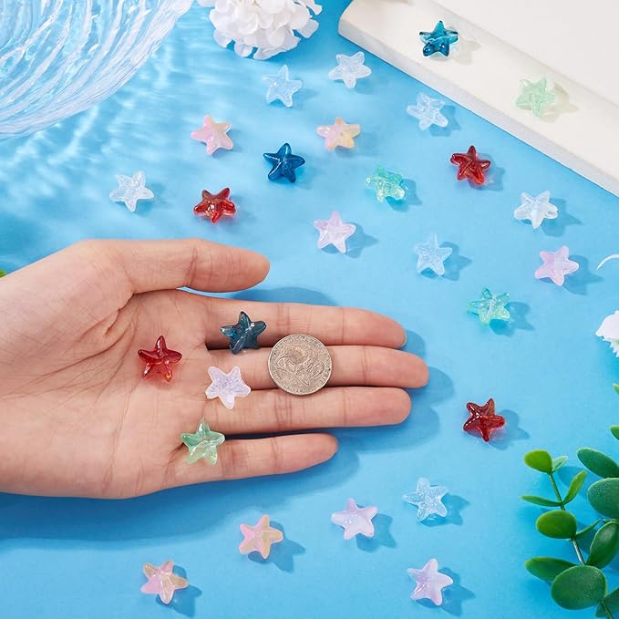 28Pcs 14mm Glass Star Beads Colorful Crystal Star Beads Ocean Animal Starfish Spacer Bead Five-Pointed Pentagram Bead for DIY Crafts Earring Lanyard Necklace Bracelet Jewelry Making
