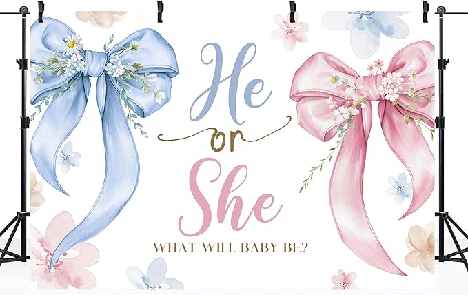 Riyidecor Gender Reveal Backdrop Polyester Fabric Bow Baby Shower Leaves He or She What Will Baby Be Pink Blue 7Wx5H Feet Newborn Photography Background Gender Reveal Photo Studio Shoot