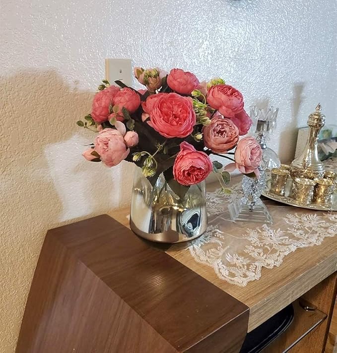 DEEMEI Artificial Peony Flower Silk Peonies Bouquet 4 Bundles Fake Flowers Bulk for Home Wedding Party Decor (Rose Red+Pink)