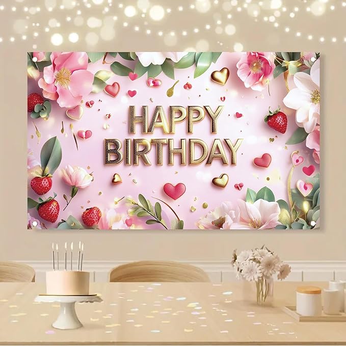 Pink Happy Birthday Backdrop Banner Gold Floral Heart Strawberry Design Photography Background Girls Birthday Party Decorations Photo Booth Supplies 71x43 Inch