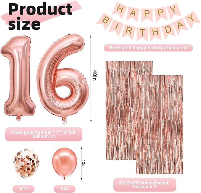 Sweet 16 Party Decorations,16th Birthday Boxes Decor for Girls Women Sweet Sixteen Happy Birthday Banner Kits Pink Rose Gold Foil Balloons Party Supplies Rose Gold Tassel Curtain