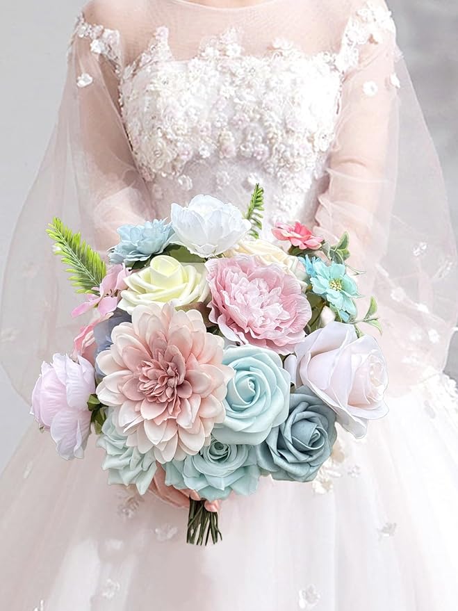 Pink and Blue Flowers Combo Box, Pink Silk Fake Rose Light Blue Flowers for DIY Floral Arrangements Wedding Bouquets Centerpiece Baby Shower Party Decoration (Blue Pink)