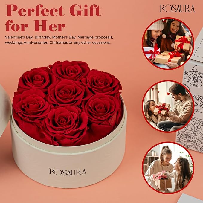Rosaura Round Preserved Roses Gift Box - Real Forever Flowers for Birthday, Valentine's & Mother's Day (red, 7 Roses)