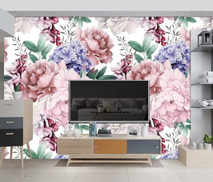 Pink Peony Floral Wallpaper Bedroom Botanical Flowers Leaf murals Aesthetic Room Decor Living Room tv Background Large Wall Mural - 137"x96" Not Peel and Stick