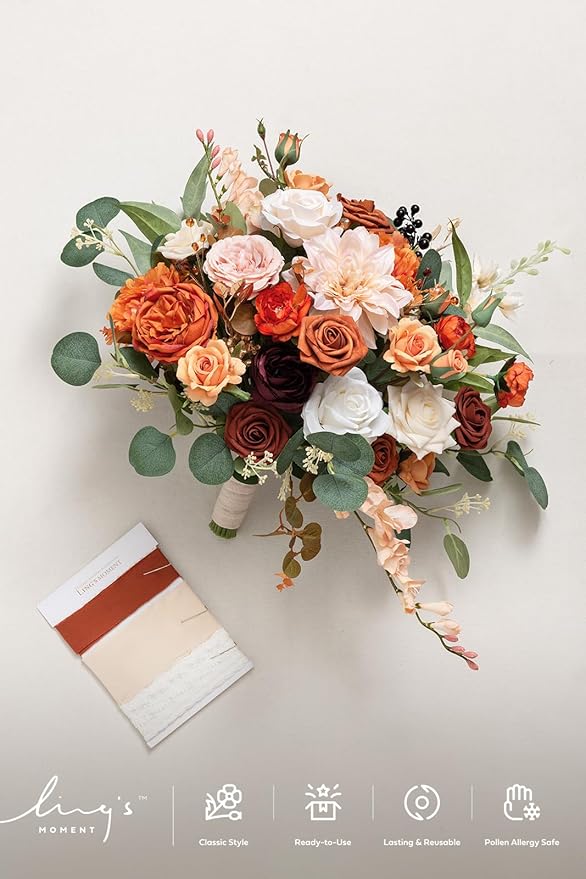 Ling's moment Terracotta Wedding Bouquets for Bride, Burnt Orange Bridal Bouquets for Bride, 15 Inch Free Form Artificial Wedding Flower Bouquet