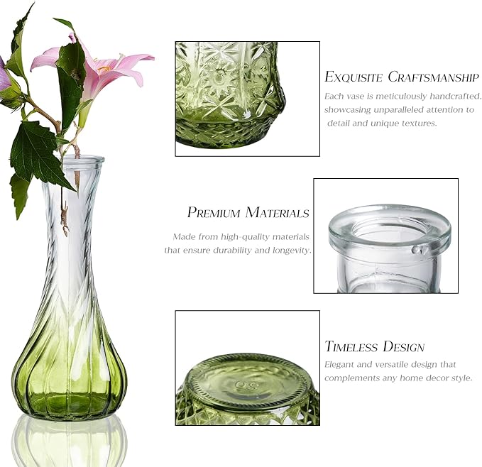 Glass Bud Vase Set of 20 - Small Vases for Flowers in Bulk - Assorted Vintage Crystal Vases for Flowers, Table Centerpieces (Green, 20 Pcs)
