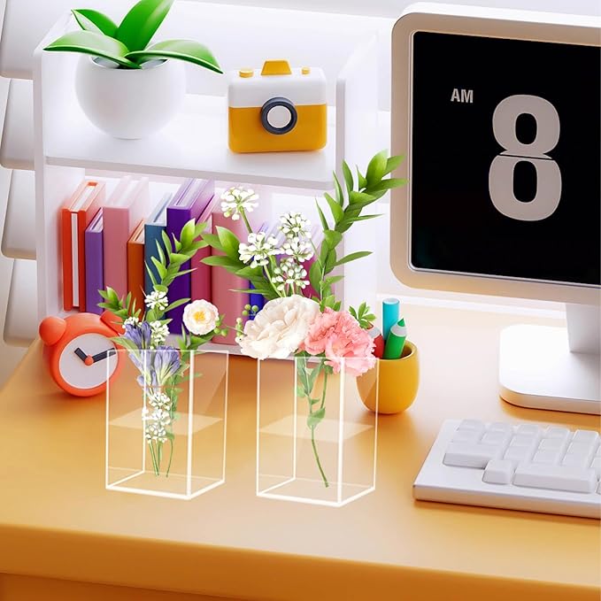 24 Pack Acrylic Vases, 4 Inch Clear Cube Acrylic Vase Bulk Small Square Plastic Flower Vase Container Unbreakable Plastic Vases for Centerpiece Home Table Wedding
