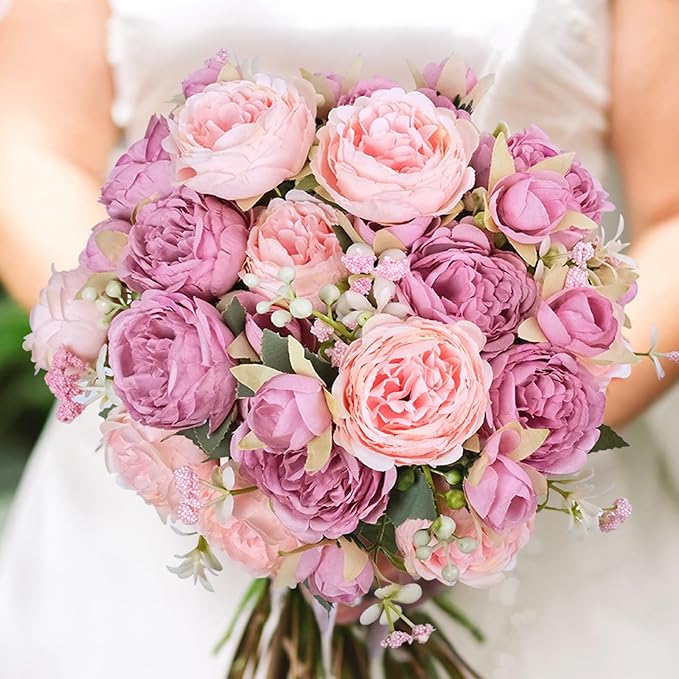 6 Pcs Peonies Artificial Flowers Bulk, Mixed Pink Silk Peonies Fake Bouquet for Floral Centerpieces,Red Realistic Faux Peony Flower for Flower Arrangements Wedding Decoration vase