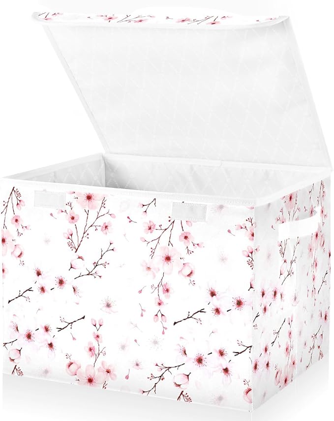 Flower Baskets Collapsible Storage Bins with Lids, Cherry Blossom Branche Storage Boxes Clothes Baskets for Organizing