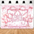 Coquette Pink Bow Happy Birthday Backdrop - Glitter Balloon Banner for Girls & Women - Cute Birthday Party Decorations, Bachelorette Photo Background & Wall Decor 7x5ft