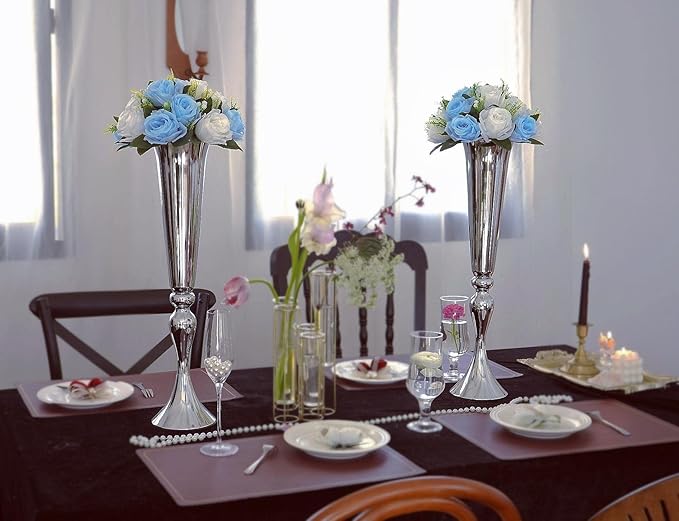 Set of 2 Versatile Metal Tabletop Flower Stands, Silver Dining Table Centerpiece Vases, 21.9" Tall Trumpet Vases for Wedding Birthday Ceremony Party Special Event Home Décor