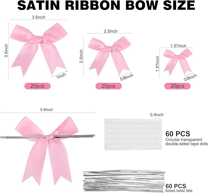 Oubest Pink Bows for Gift Wrapping, 60 PCS 1.57", 2.5" & 3.5" Satin Ribbon Gift Wrap Bows with Twist Tie for Christmas,Birthdays,Baby Shower,Weddings,Crafts,Holiday Presents,Party Decorations, Pink
