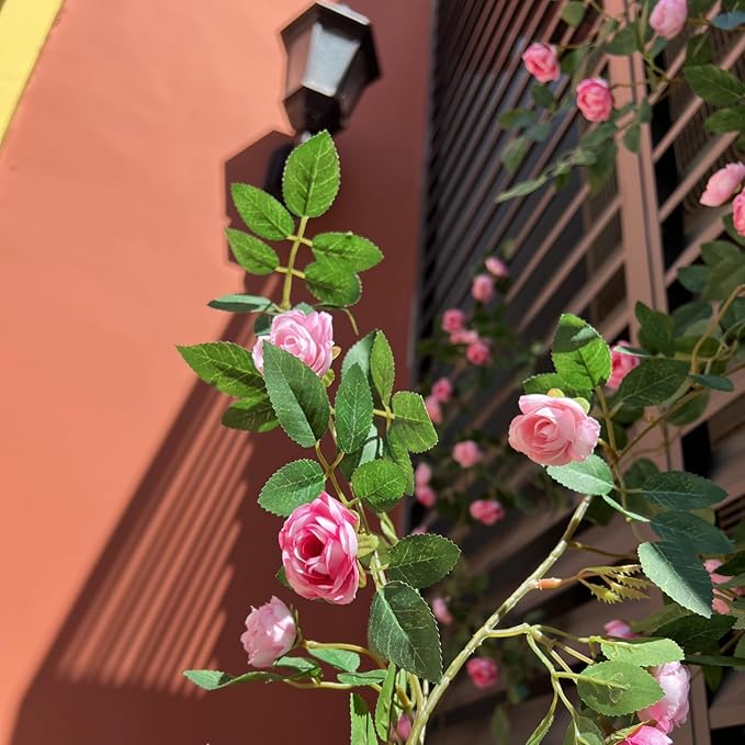 6FT Bendable Pink Rose Flower Garland, Artificial Silk Wild Roses Vine Leaves Hanging Flowers for Wall Fireplace Fence Trellis Wedding Baby Shower Room Home Spring Summer Decor(2PC)