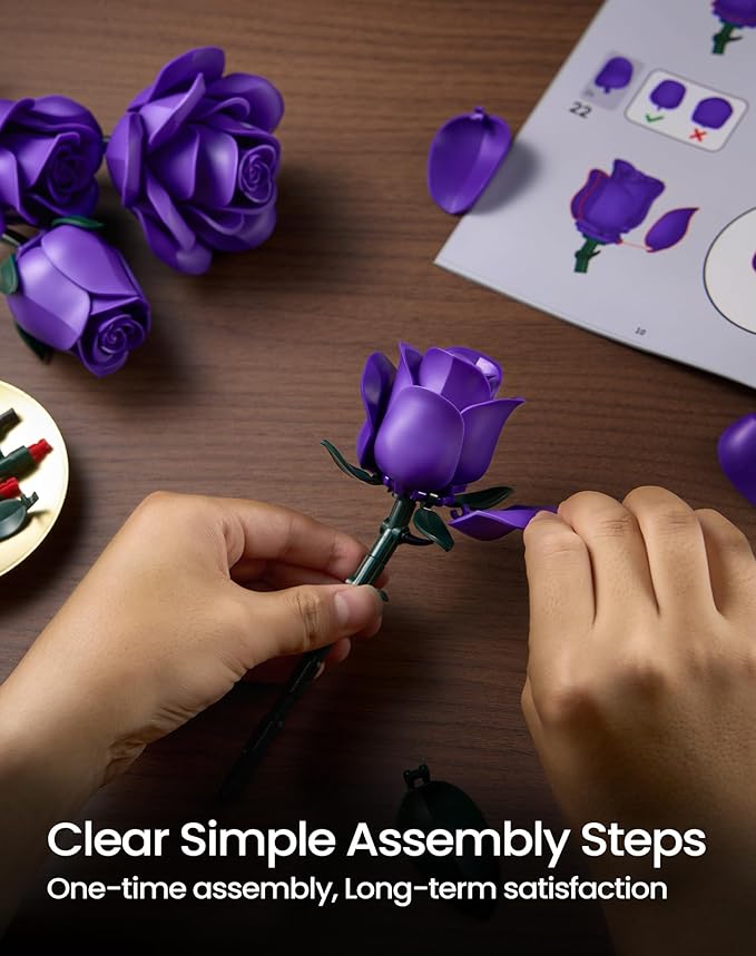 iATOM Purple Rose Bouquet Building Set, Artificial Flowers Botanical Collection for Adults Women, Gift for Christmas and Valentines Day - Gothic Home Office Table Centerpiece Decor - IA11017